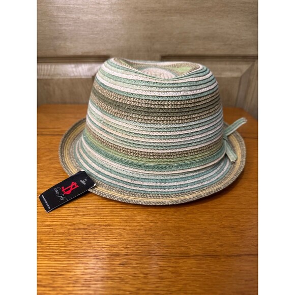 Som-her Nuetral Tan Green Panama Fedora Hat Striped Band size large L NWG - Picture 1 of 6
